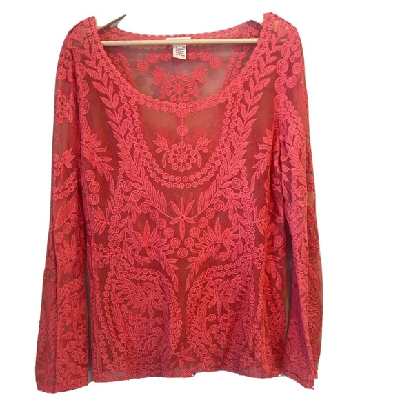 Sundance Tops - Sundance Coral Lace Embroidered Mesh Floral Long Sleeve Top Large
